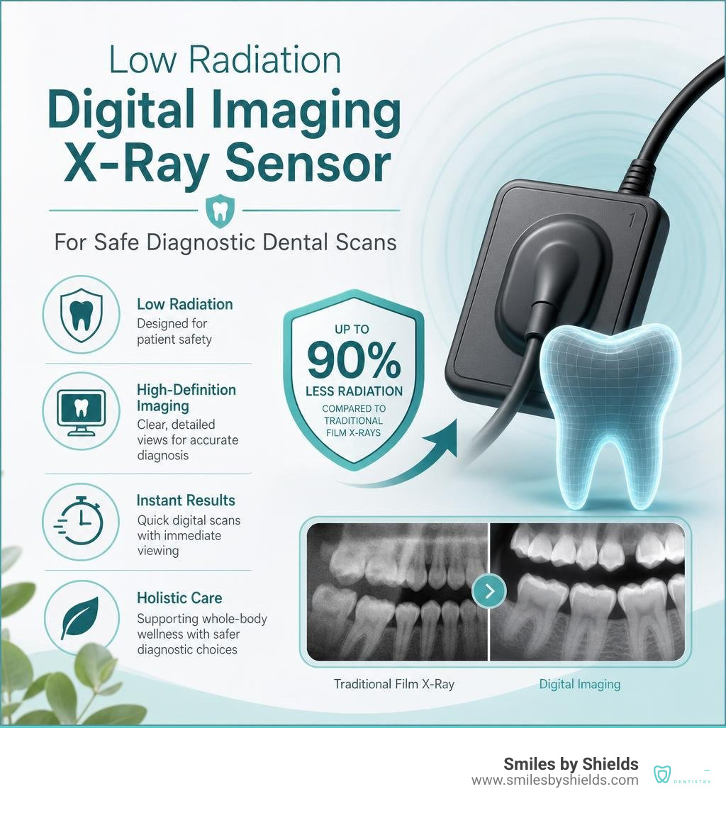 Low radiation digital imaging x-ray sensor for safe diagnostic dental scans infographic