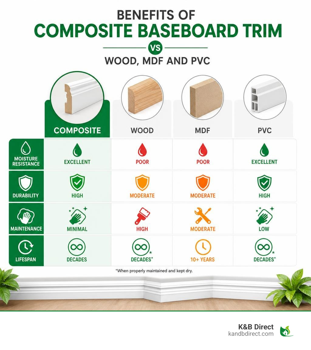 Benefits of composite baseboard trim vs wood MDF and PVC — moisture, durability, maintenance, lifespan infographic