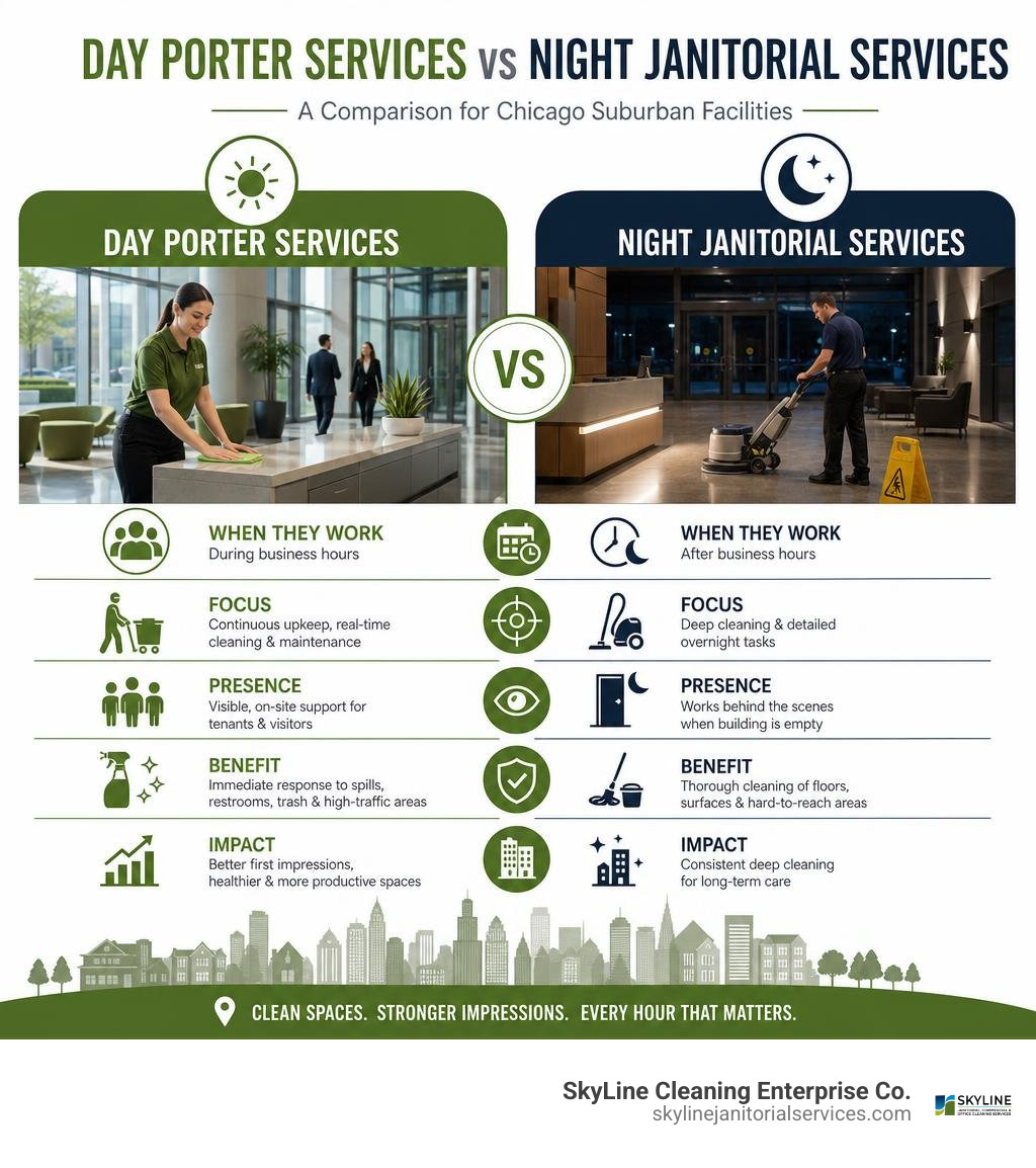 Day porter services vs night janitorial services comparison infographic for Chicago suburban facilities infographic