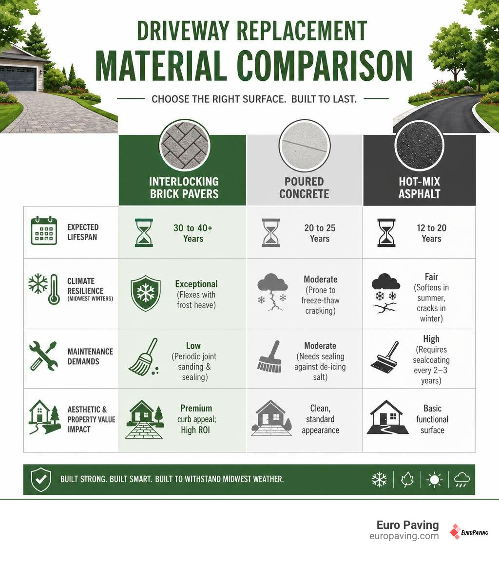 Comparison of driveway replacement materials including Unilock brick pavers and asphalt infographic Comparison of driveway replacement materials including Unilock brick pavers and asphalt infographic