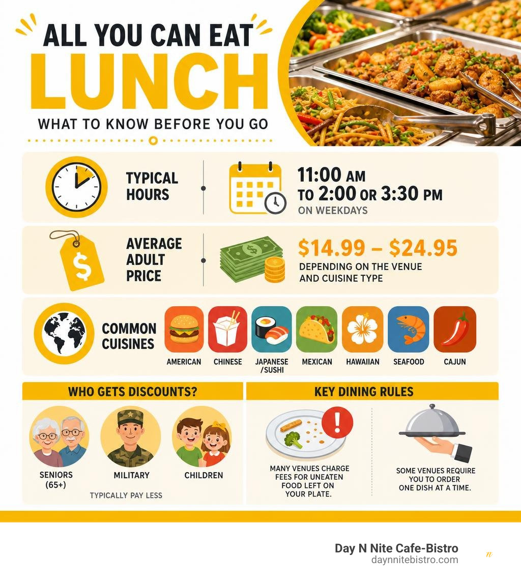 Infographic showing buffet lunch hours, pricing tiers, common cuisines, and key dining rules infographic