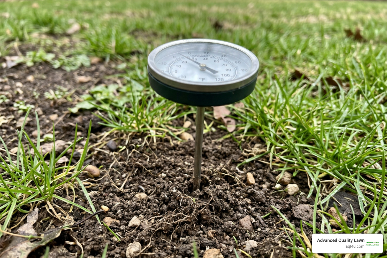 soil thermometer measuring early spring lawn temperature