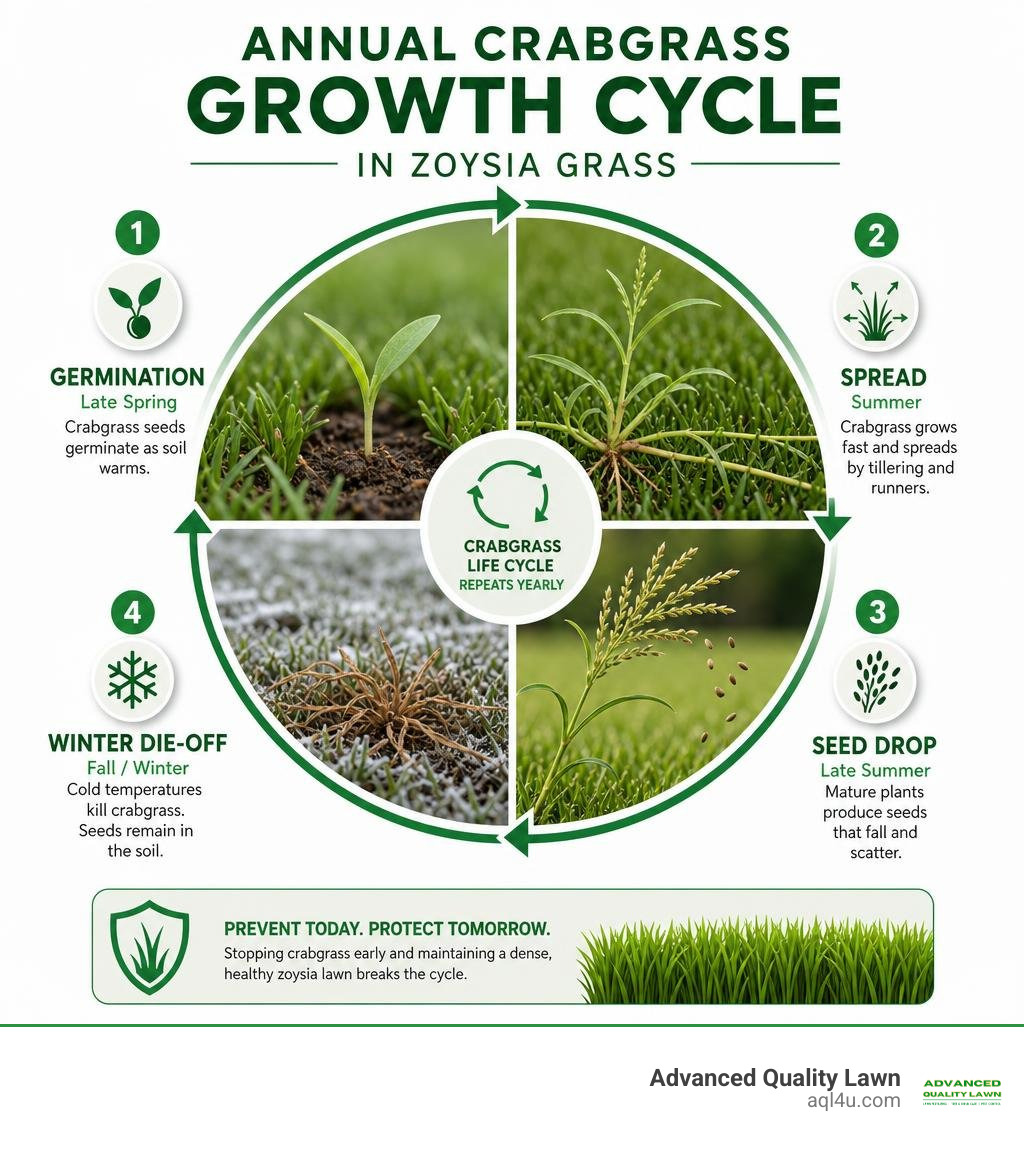 Annual crabgrass growth cycle in zoysia grass showing germination, spread, seed drop, and winter die-off infographic