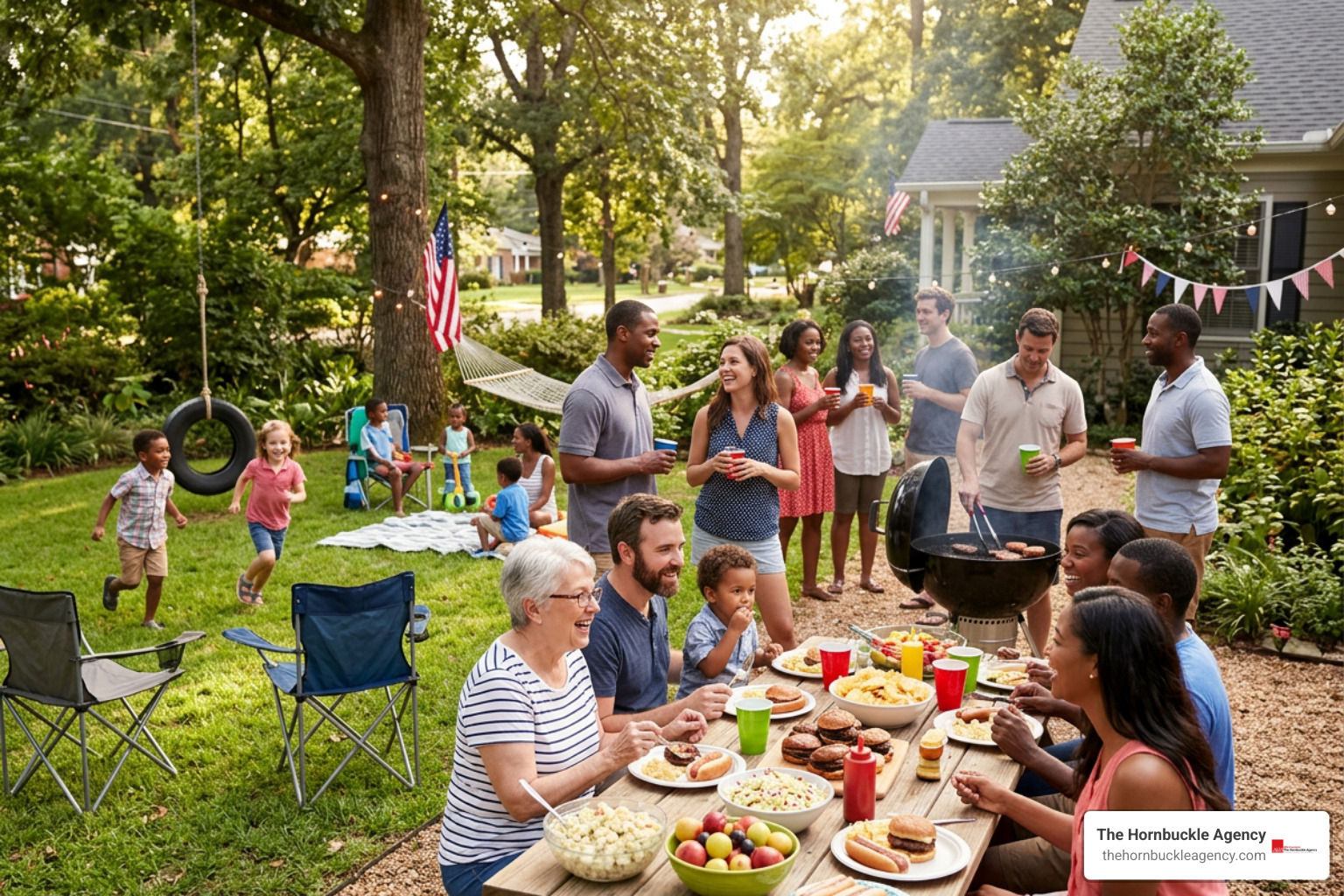 Family hosting a Labor Day weekend backyard party get-together Family hosting a Labor Day weekend backyard party get-together
