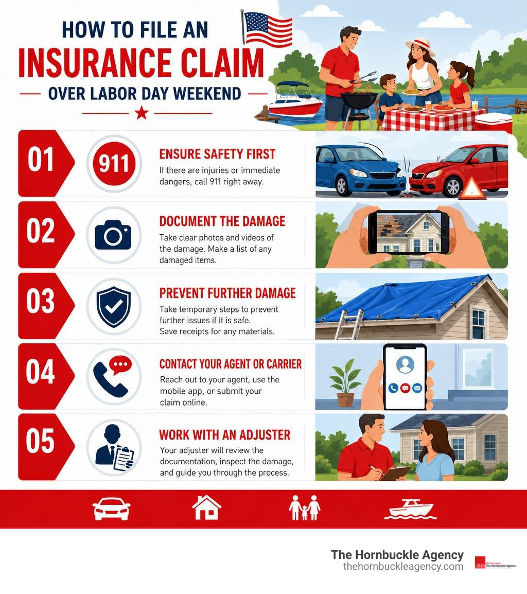 How to file an insurance claim over Labor Day weekend step-by-step infographic infographic How to file an insurance claim over Labor Day weekend step-by-step infographic infographic