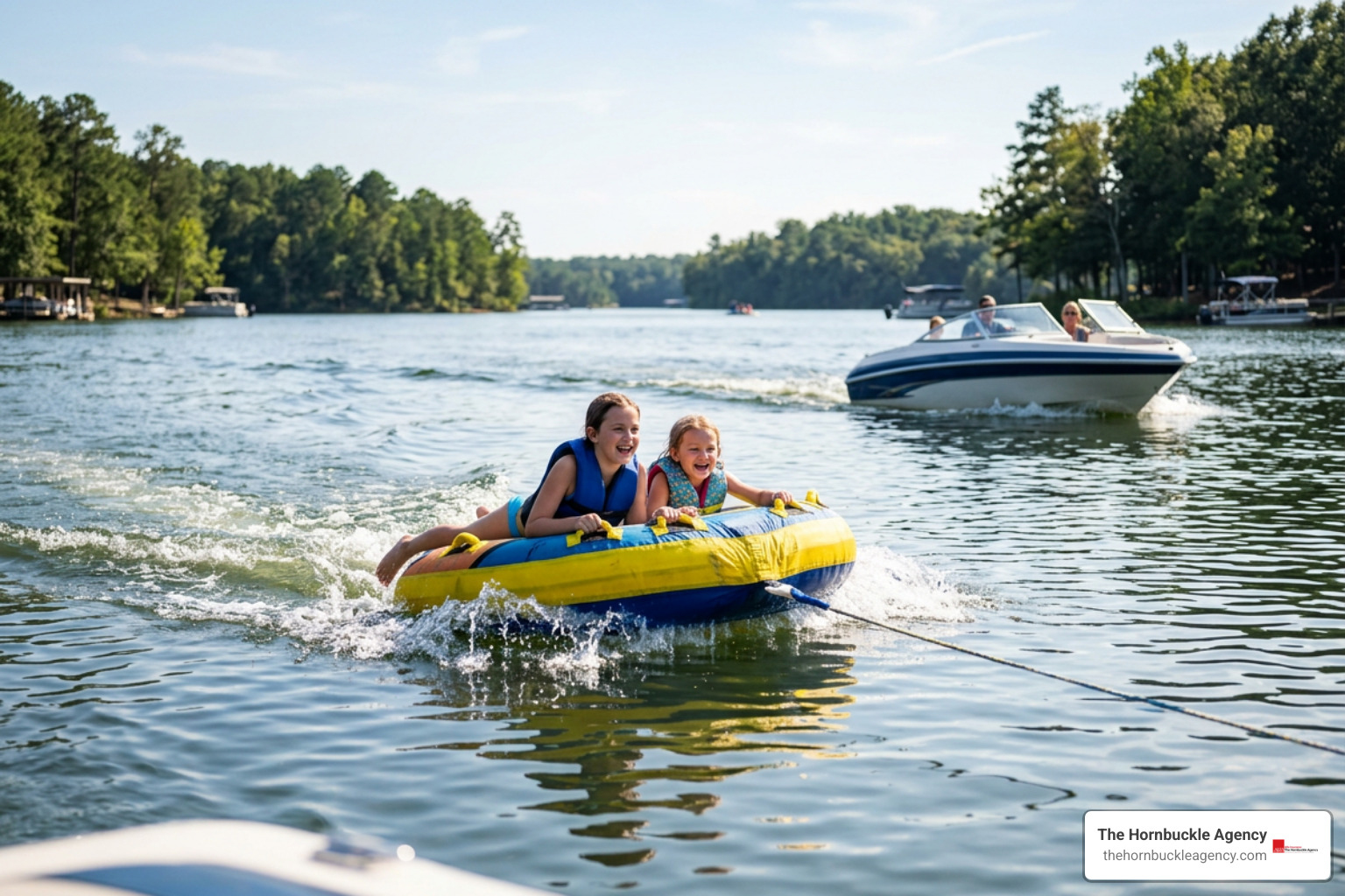 Kids tubing on the lake during Labor Day weekend boating with family Kids tubing on the lake during Labor Day weekend boating with family