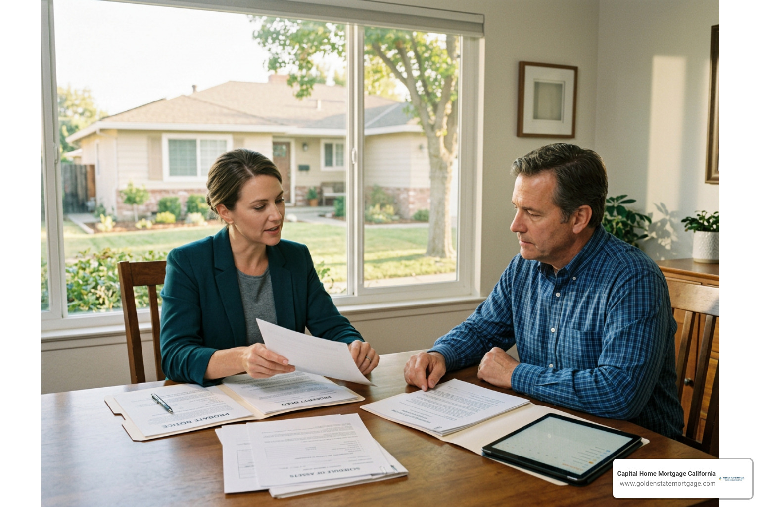 Real estate agent and heir reviewing property probate notices