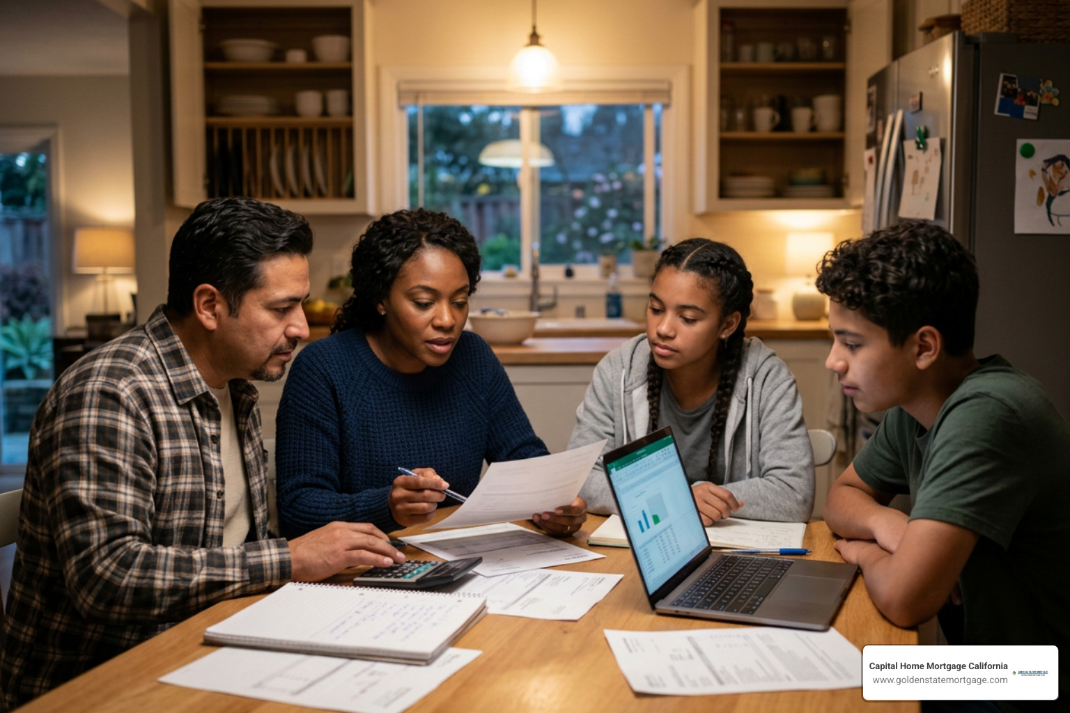 Family reviewing household budget for first home buyer qualification Family reviewing household budget for first home buyer qualification