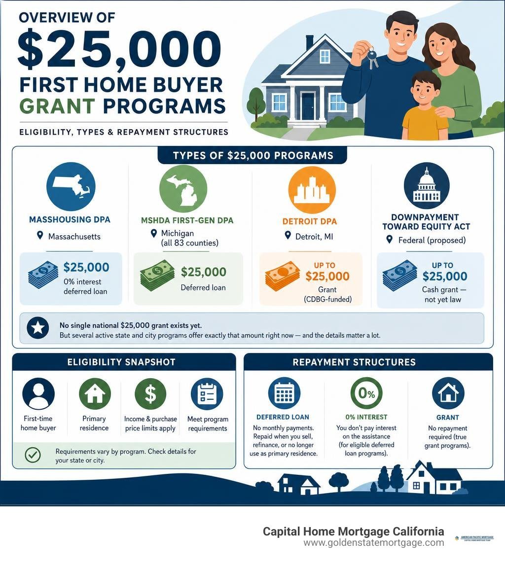 Overview of $25,000 first home buyer grant programs, eligibility, types, and repayment structures infographic Overview of $25,000 first home buyer grant programs, eligibility, types, and repayment structures infographic