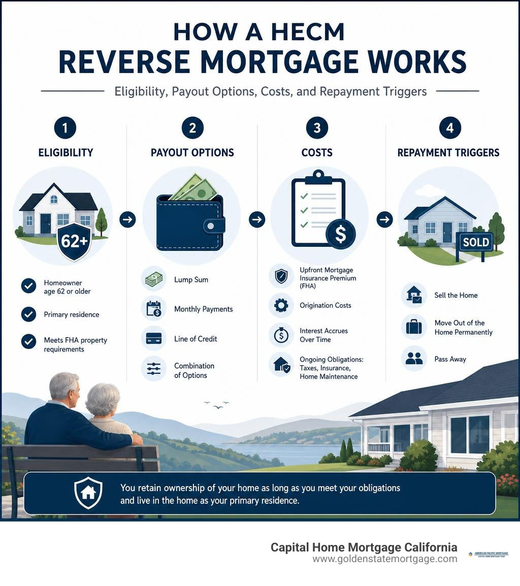 How a HECM reverse mortgage works: eligibility, payout options, costs, and repayment triggers infographic