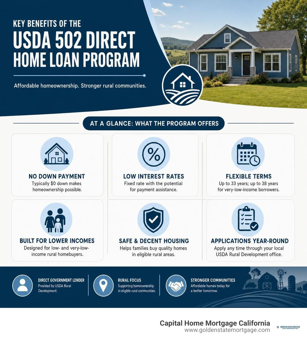 Key benefits of the USDA 502 Direct Home Loan Program infographic overview infographic