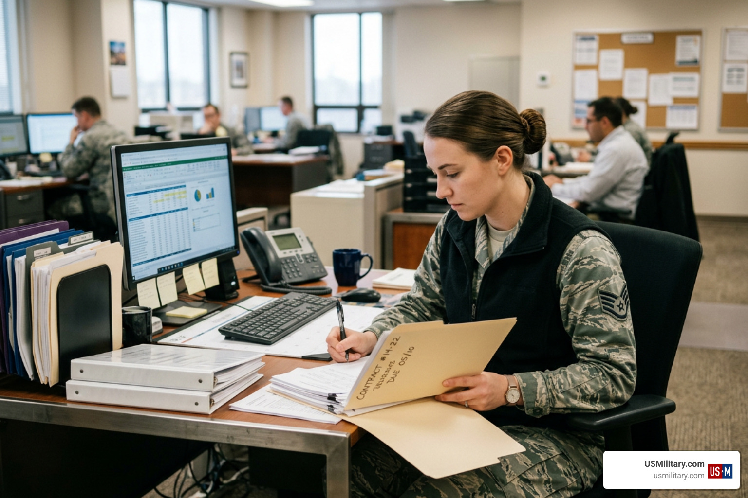 Air Force contracting specialist managing paperwork Air Force contracting specialist managing paperwork