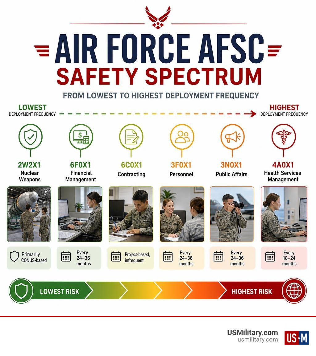 Infographic showing Air Force AFSC safety spectrum from lowest to highest deployment frequency infographic Infographic showing Air Force AFSC safety spectrum from lowest to highest deployment frequency infographic