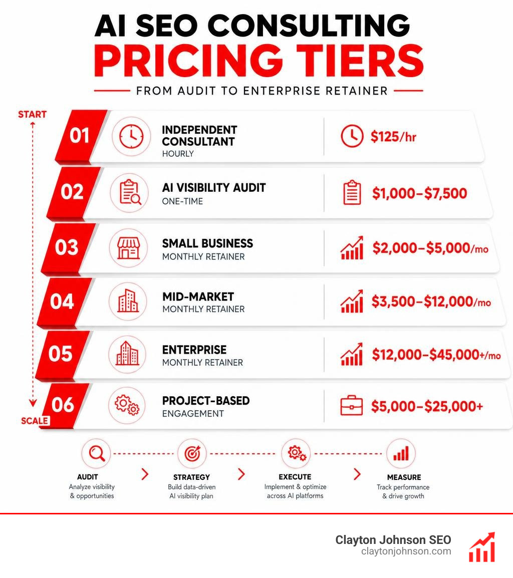 AI SEO consulting pricing tiers infographic from audit to enterprise retainer infographic