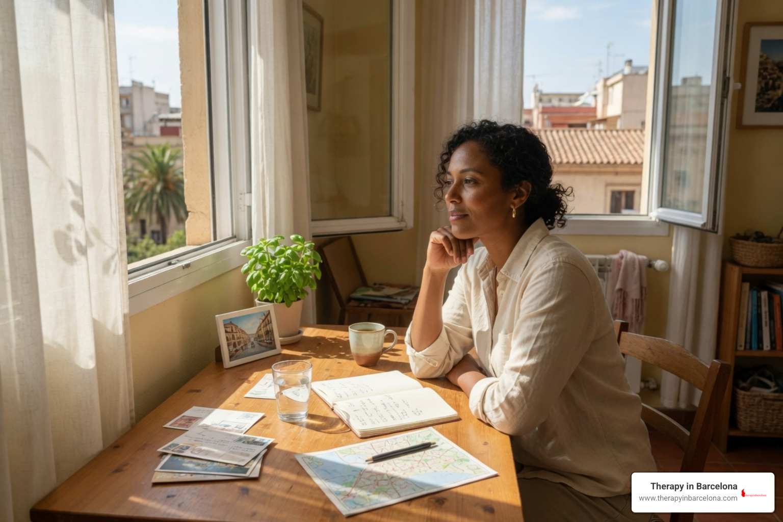 A thoughtful individual sitting at a sunlit desk reflecting on life abroad and feeling relief