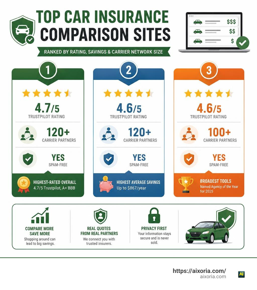 Top car insurance comparison sites ranked by rating, savings, and carrier network size infographic