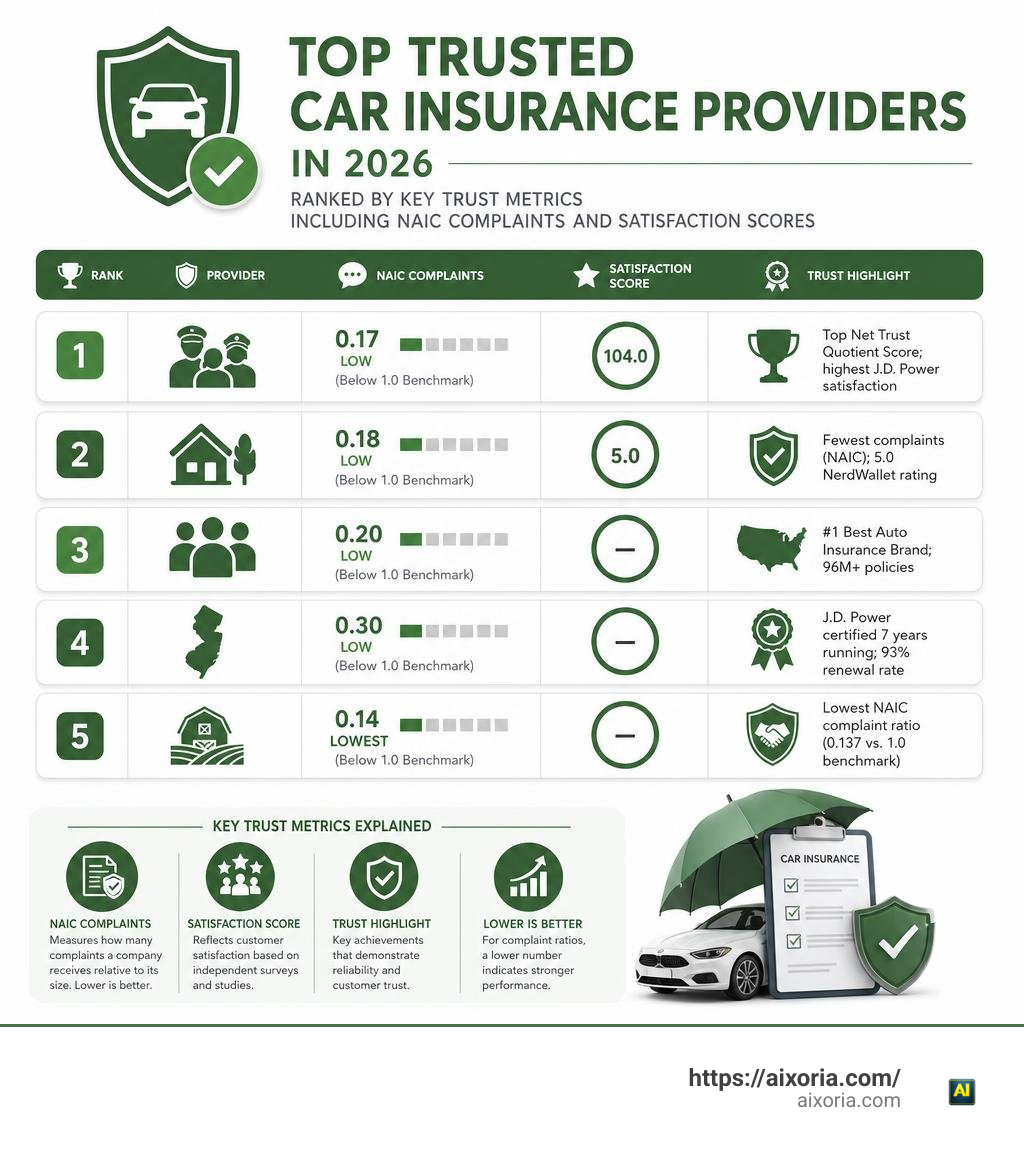 Top trusted car insurance providers in 2026 ranked by key trust metrics including NAIC complaints and satisfaction scores