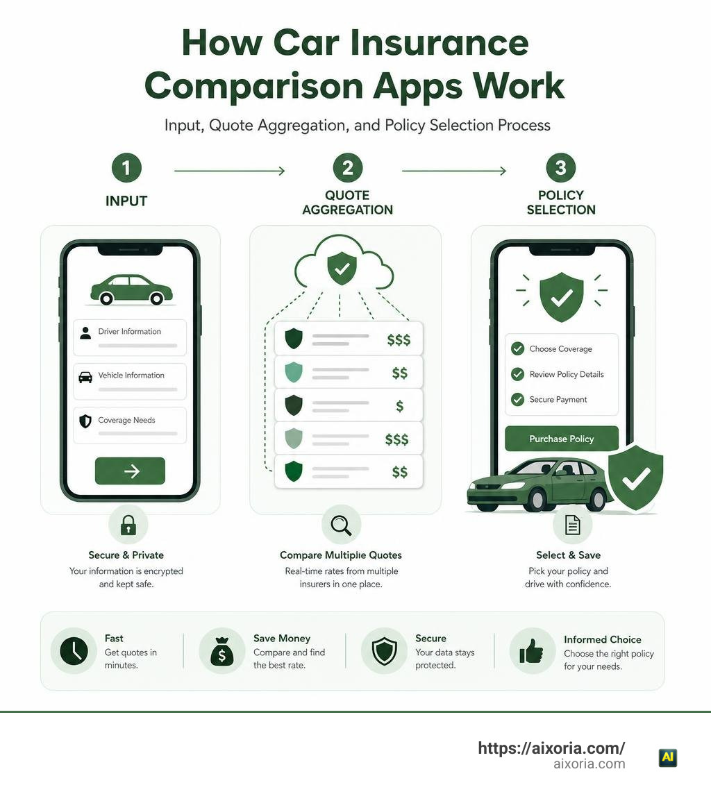 How car insurance comparison apps work: input, quote aggregation, and policy selection process infographic