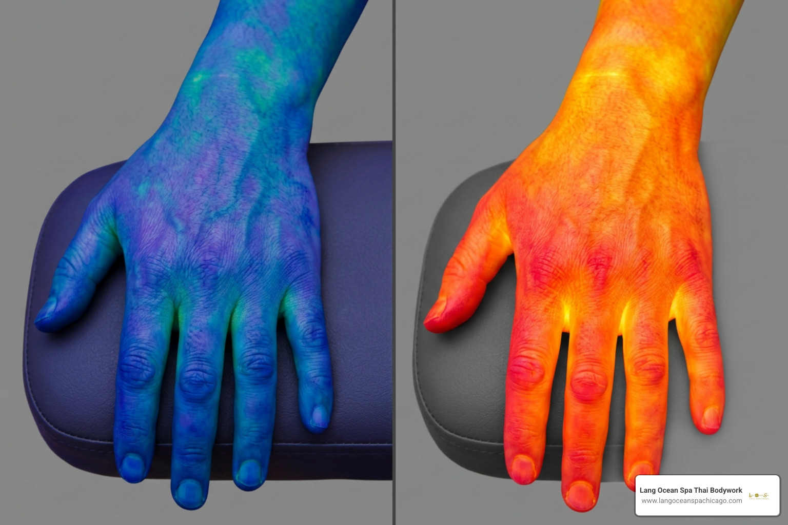 Infrared thermography showing skin temperature increase in hand before and after Thai massage Infrared thermography showing skin temperature increase in hand before and after Thai massage