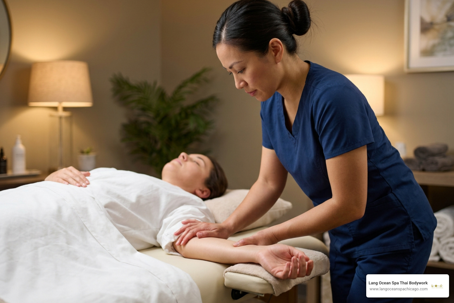 Practitioner leaning bodyweight smoothly into palm and thumb pressure on client's forearm and hand Practitioner leaning bodyweight smoothly into palm and thumb pressure on client's forearm and hand