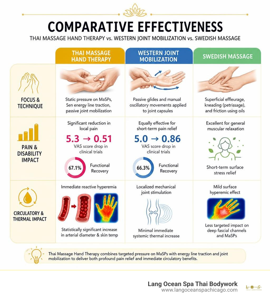 Comparative table comparing Thai hand therapy, Western joint mobilization, and Swedish massage infographic Comparative table comparing Thai hand therapy, Western joint mobilization, and Swedish massage infographic