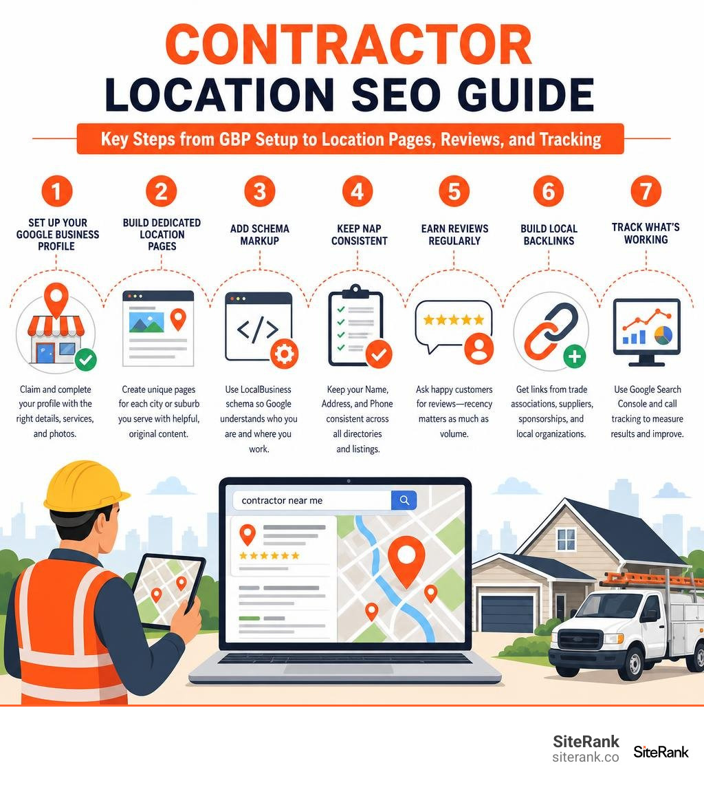 Contractor location SEO guide: key steps from GBP setup to location pages, reviews, and tracking infographic Contractor location SEO guide: key steps from GBP setup to location pages, reviews, and tracking infographic