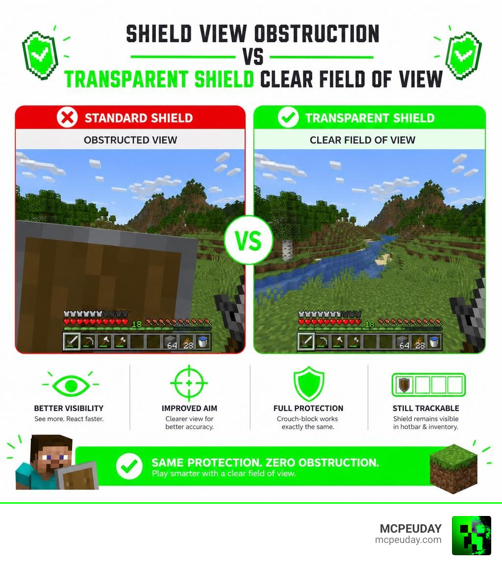 Infographic comparing shield view obstruction vs transparent shield clear field of view in Minecraft infographic Infographic comparing shield view obstruction vs transparent shield clear field of view in Minecraft infographic
