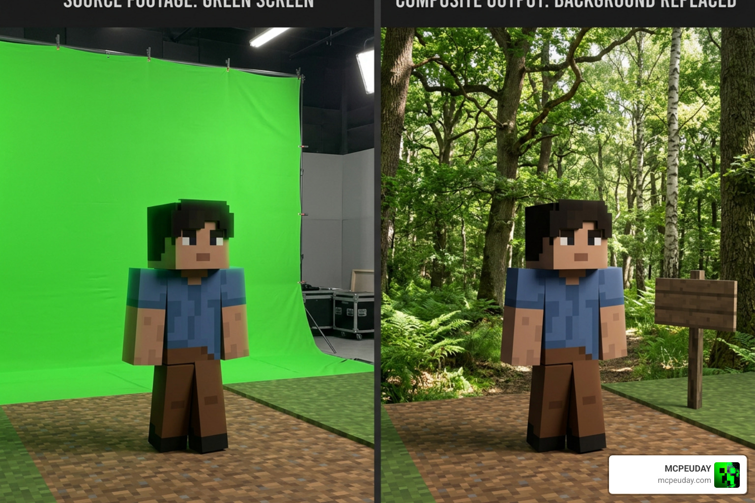 Before and after chroma key keying result in video editor Before and after chroma key keying result in video editor