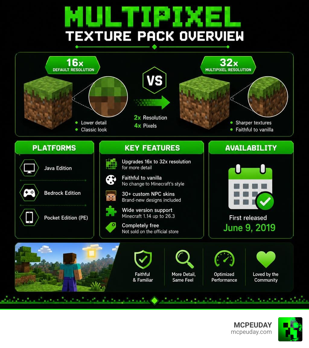 MultiPixel Texture Pack overview: 16x vs 32x resolution, platforms, features, and availability infographic MultiPixel Texture Pack overview: 16x vs 32x resolution, platforms, features, and availability infographic