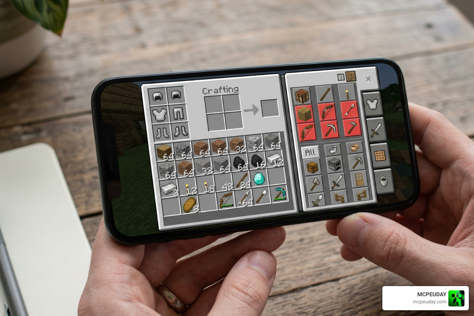 Organized MCPE inventory interface with optimized crafting grid Organized MCPE inventory interface with optimized crafting grid