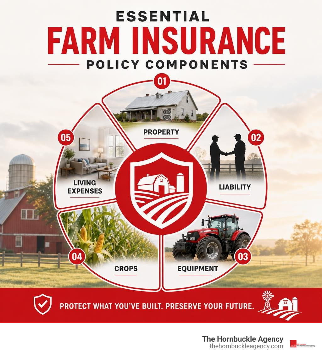 Essential farm insurance policy components: property, liability, equipment, crops, and living expenses infographic Essential farm insurance policy components: property, liability, equipment, crops, and living expenses infographic