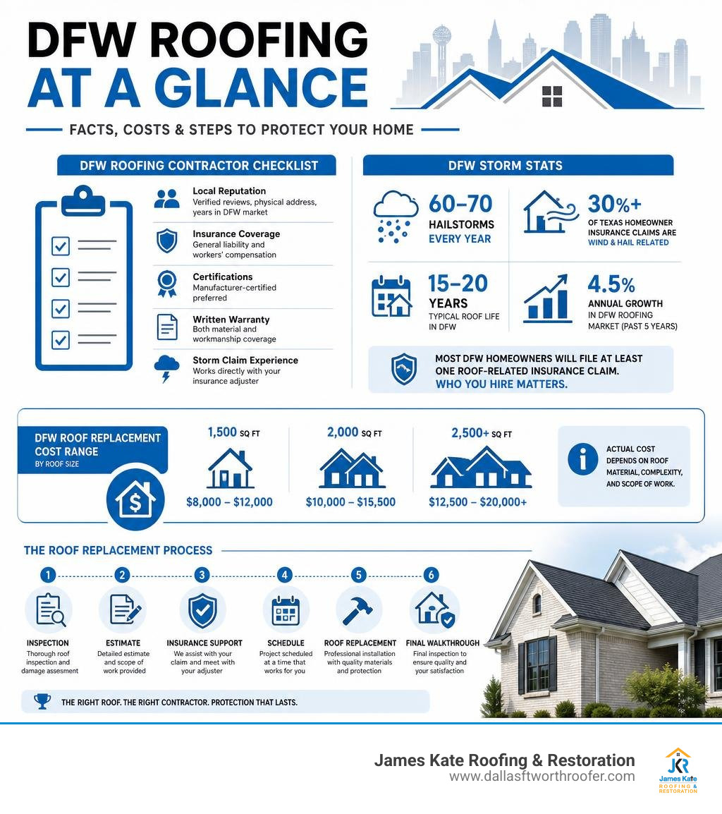 Infographic showing DFW roofing contractor checklist, storm stats, cost range, and replacement process steps infographic Infographic showing DFW roofing contractor checklist, storm stats, cost range, and replacement process steps infographic