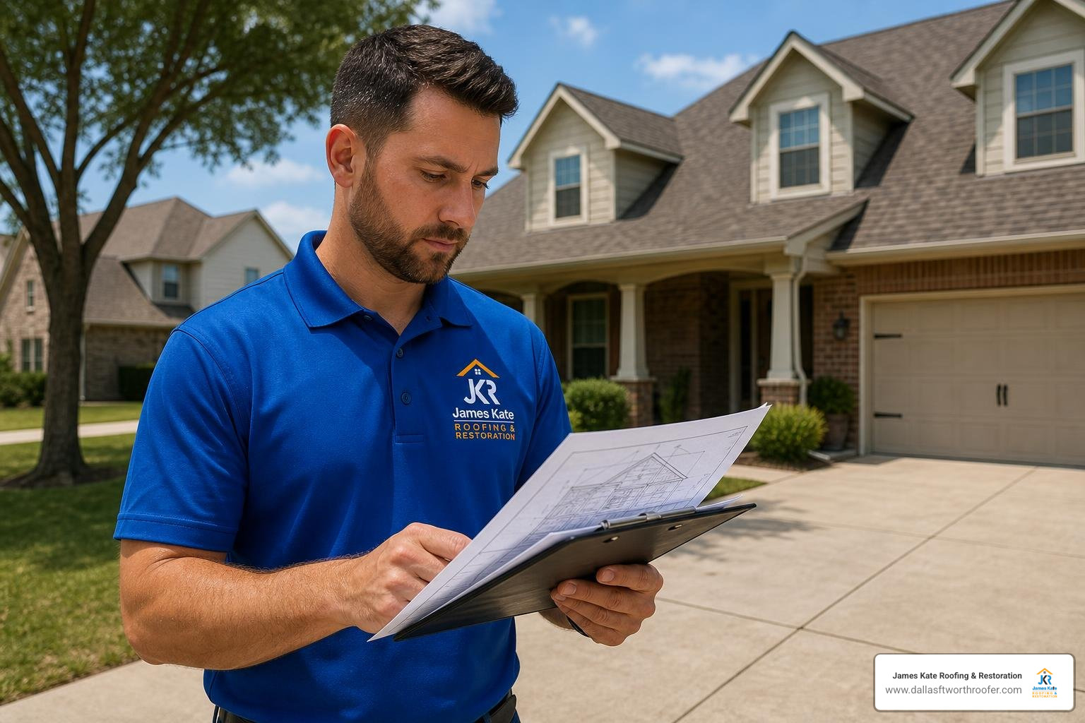 James Kate team member in royal blue shirt reviewing roof blueprints in DFW James Kate team member in royal blue shirt reviewing roof blueprints in DFW