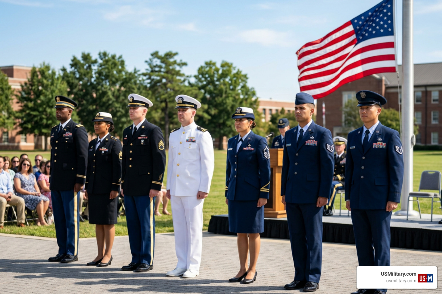 US military officers in uniform at a commissioning ceremony