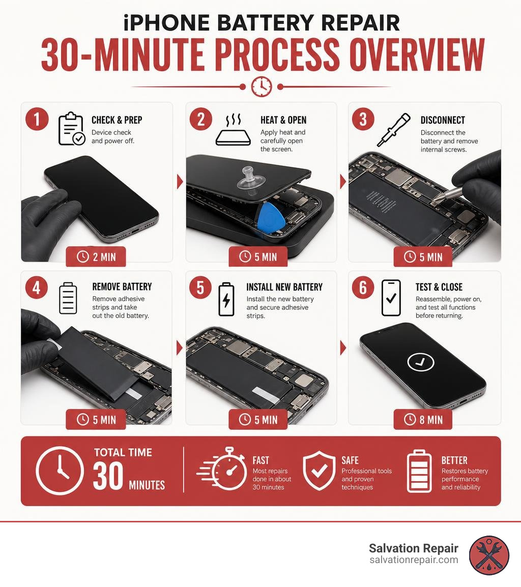 Step-by-step infographic: iPhone battery repair 30-minute process overview infographic