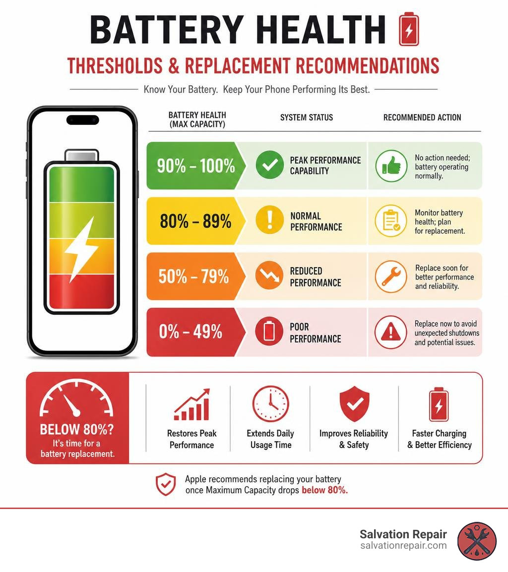Infographic detailing battery health thresholds and replacement recommendations infographic