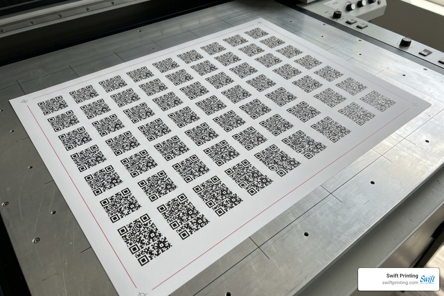 Printed sheet of QR code stickers on a commercial print bed