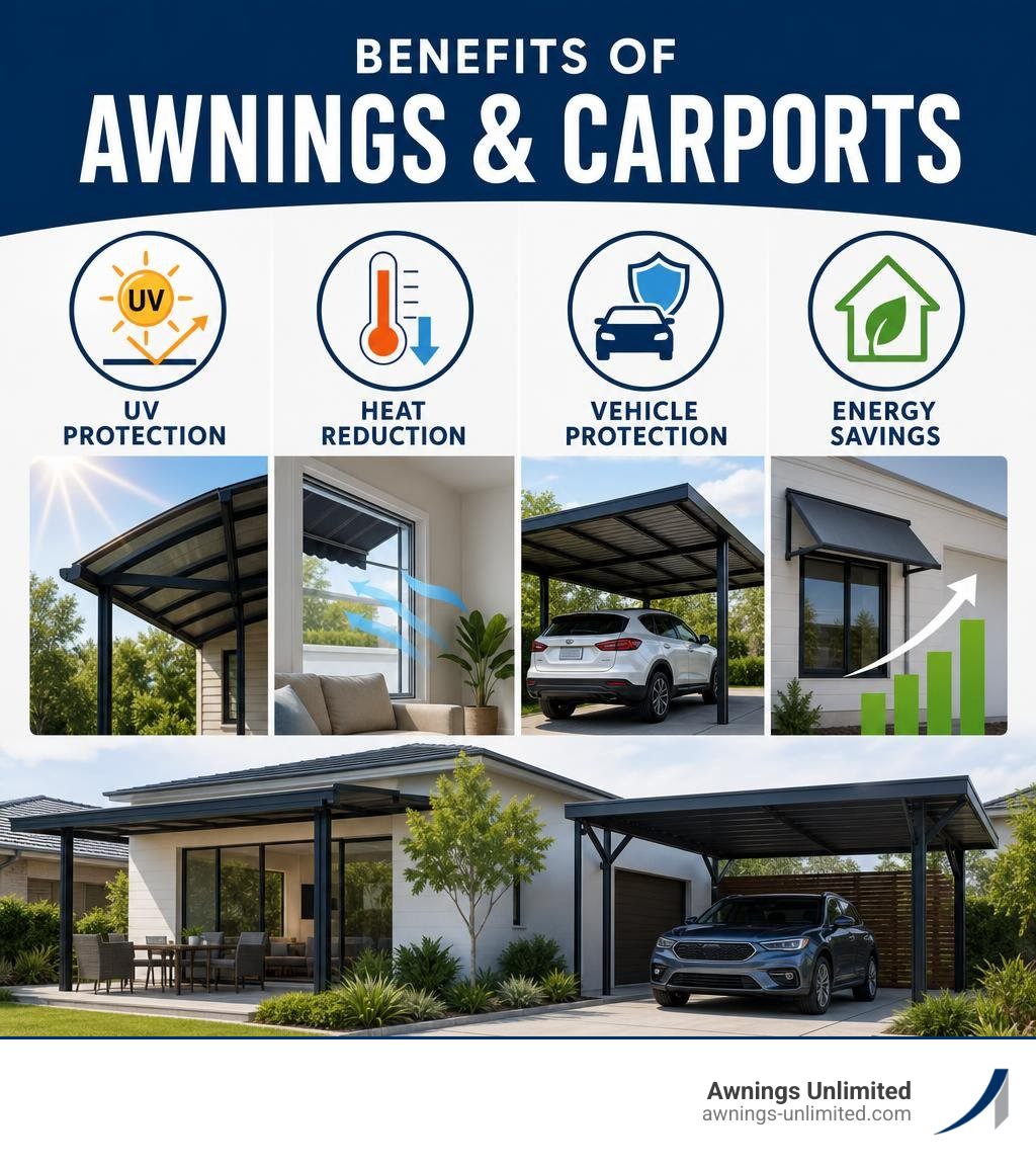 Benefits of awnings and carports: UV protection, heat reduction, vehicle protection, energy savings infographic Benefits of awnings and carports: UV protection, heat reduction, vehicle protection, energy savings infographic