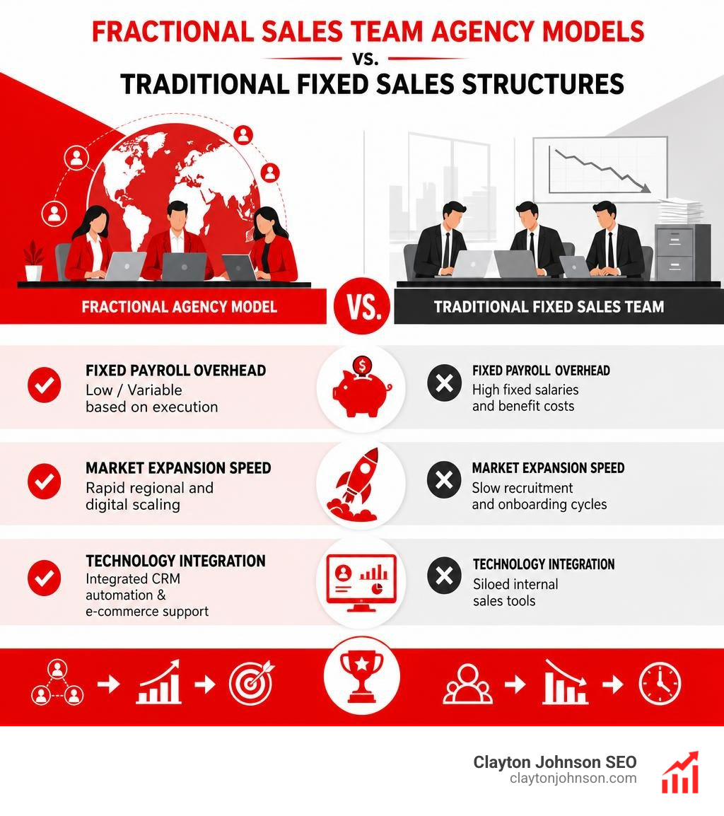 Comparison between fractional sales team agency models and traditional fixed sales structures infographic