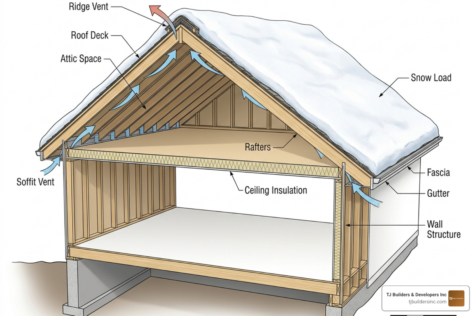 Roof ridge vent and soffit airflow diagram showing cold roof ventilation Roof ridge vent and soffit airflow diagram showing cold roof ventilation