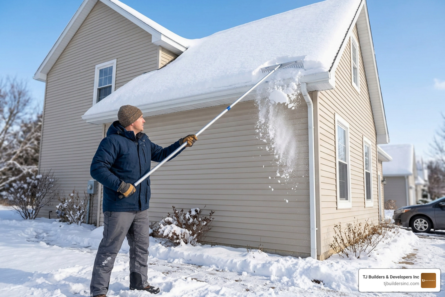 Homeowner using a roof rake safely from ground level to clear snow off roof eave Homeowner using a roof rake safely from ground level to clear snow off roof eave