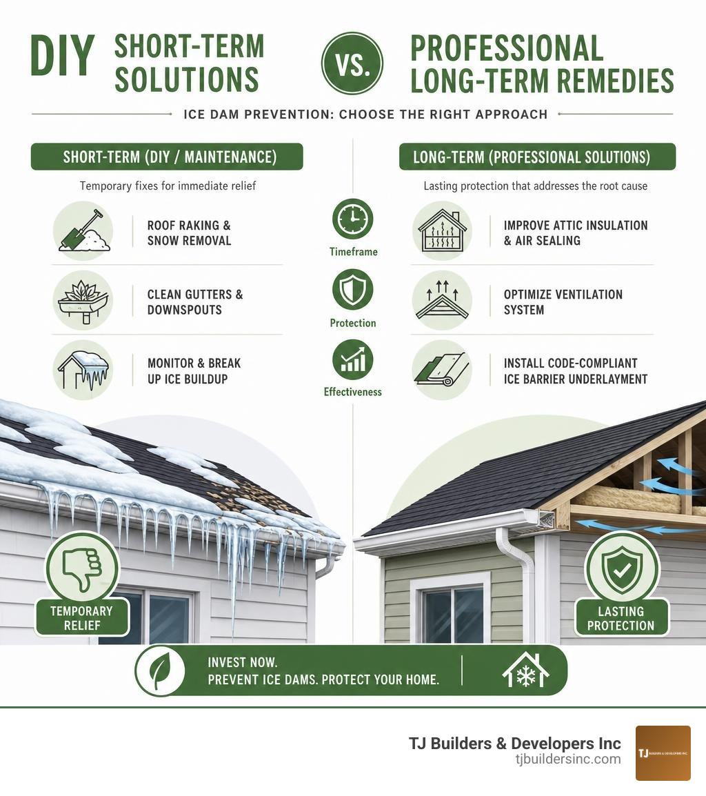 Infographic comparing DIY short-term solutions versus professional long-term ice dam remedies infographic Infographic comparing DIY short-term solutions versus professional long-term ice dam remedies infographic