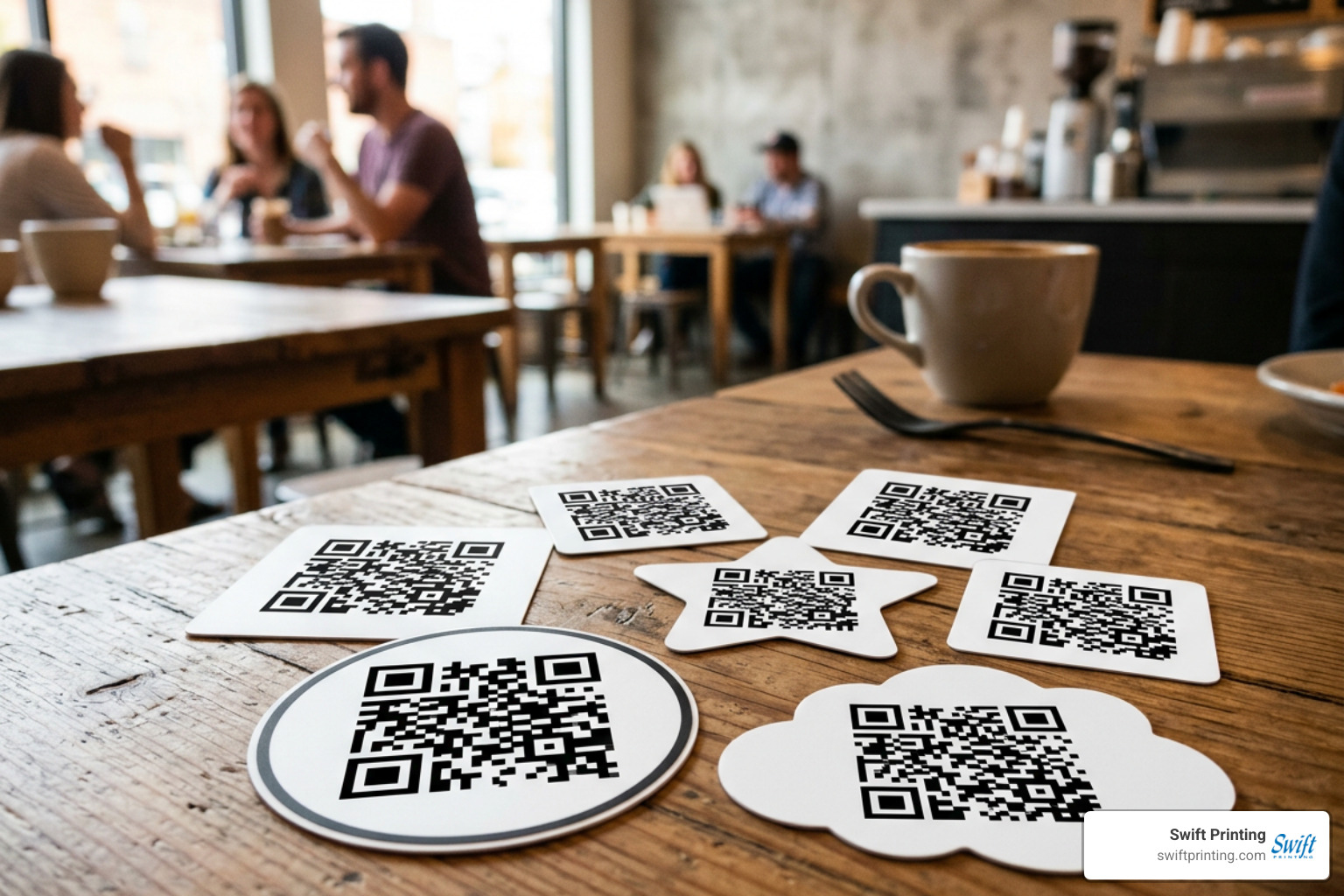 Custom-cut QR code stickers showing clear contrast and quiet zones Custom-cut QR code stickers showing clear contrast and quiet zones