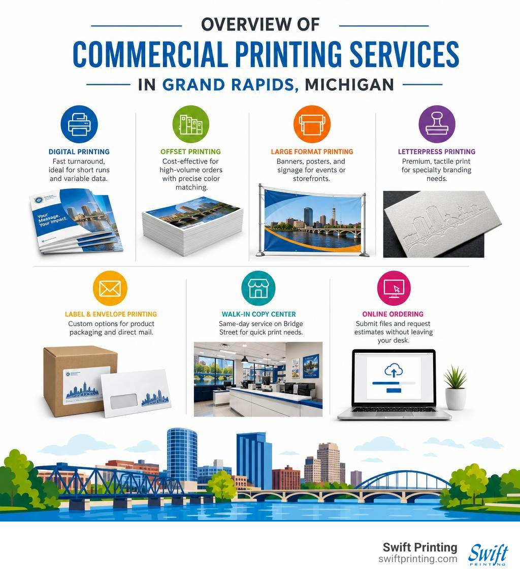 Overview of commercial printing services available in Grand Rapids Michigan infographic Overview of commercial printing services available in Grand Rapids Michigan infographic