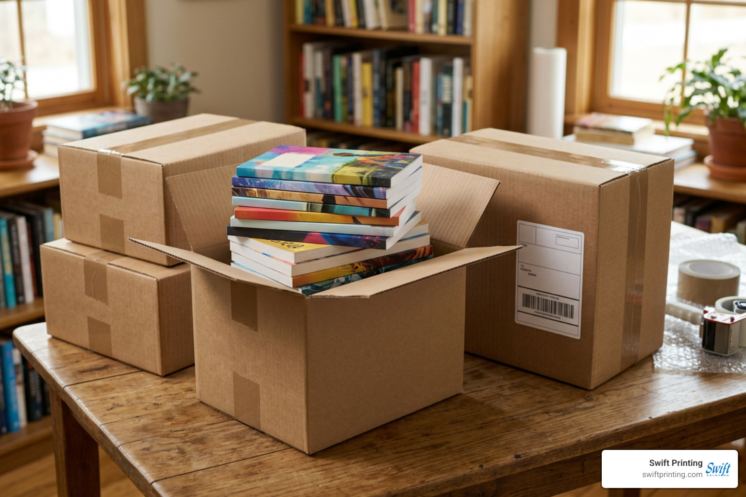 Stacked self-published books packed and ready for direct author shipping Stacked self-published books packed and ready for direct author shipping