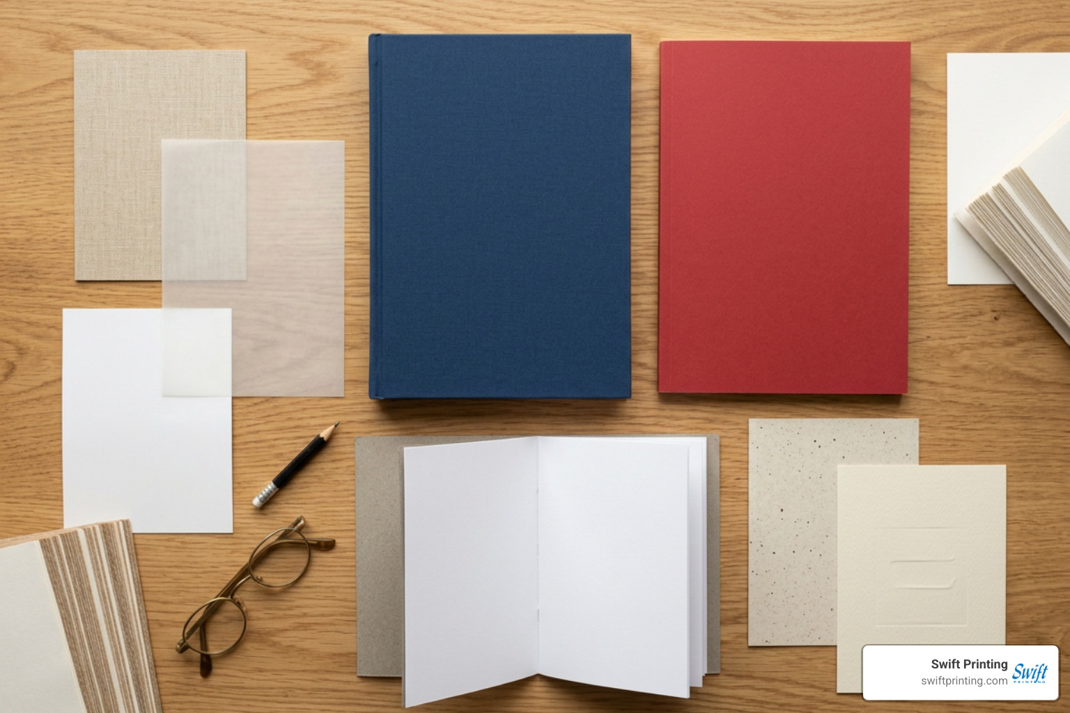Assorted sample swatches of book binding styles and paper finishes Assorted sample swatches of book binding styles and paper finishes