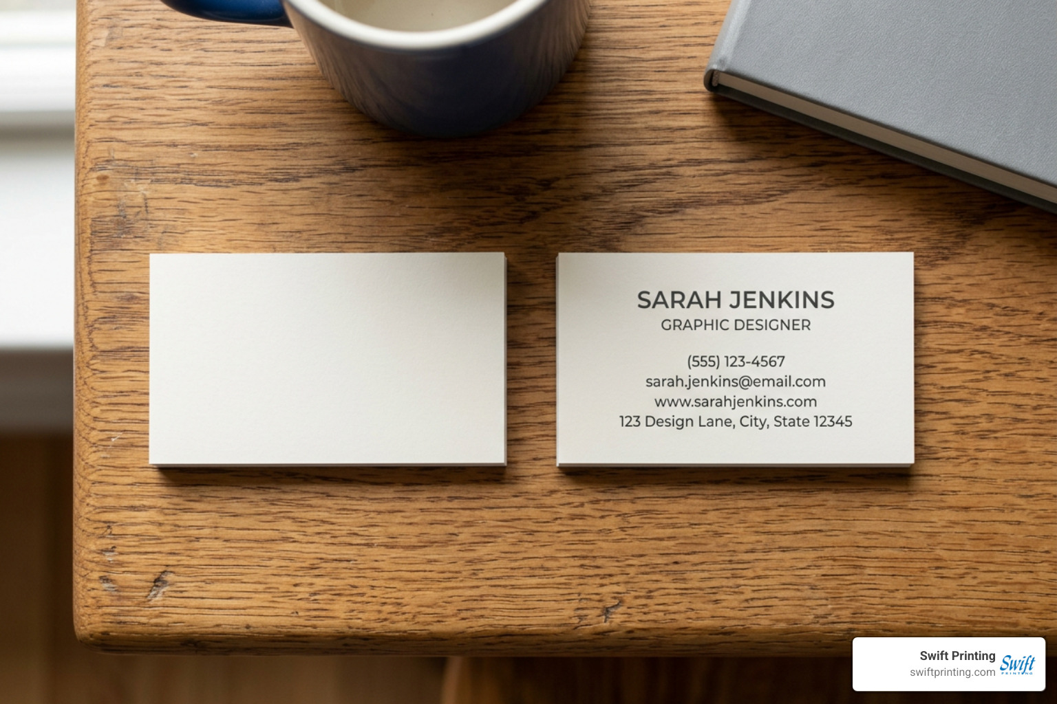 Comparison of single-sided and double-sided card layouts displaying branding on front and contact details on back Comparison of single-sided and double-sided card layouts displaying branding on front and contact details on back