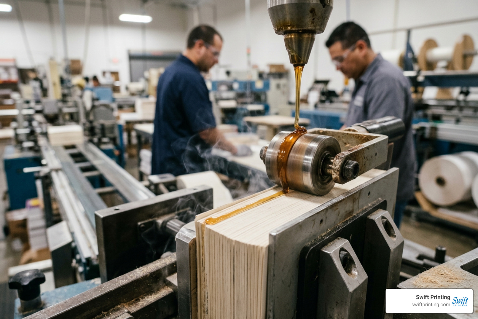 Industrial adhesive roller applying hot melt glue to a book spine block Industrial adhesive roller applying hot melt glue to a book spine block
