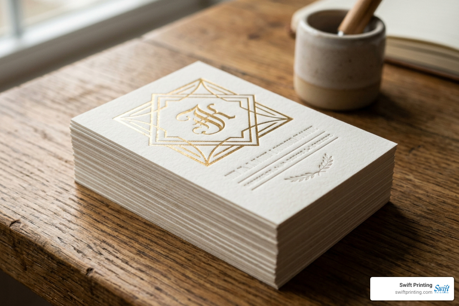 Specialty paper stocks featuring gold foil stamping and letterpress embossing details Specialty paper stocks featuring gold foil stamping and letterpress embossing details