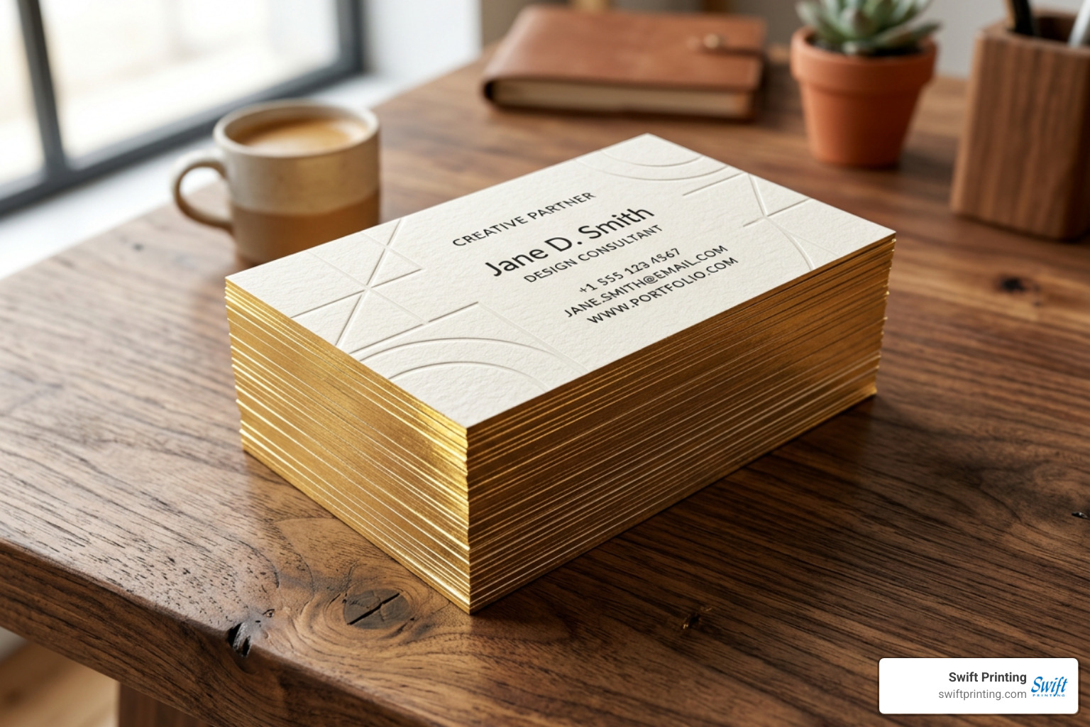 A freshly printed stack of custom business cards featuring foil edges and rich paper texture A freshly printed stack of custom business cards featuring foil edges and rich paper texture